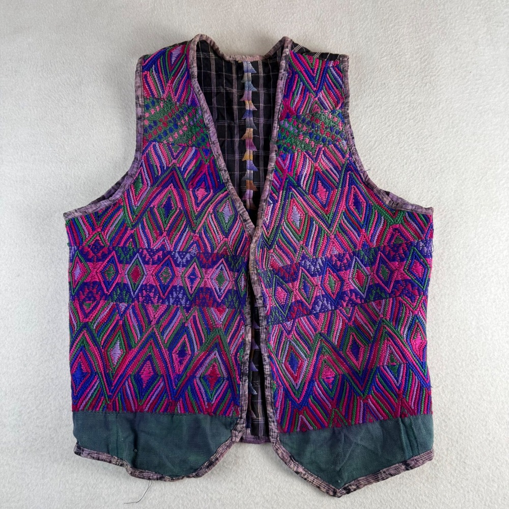 Vintage Handmade Embroidered Huipil Style Vest Geometric Boho Folk Multi-Color